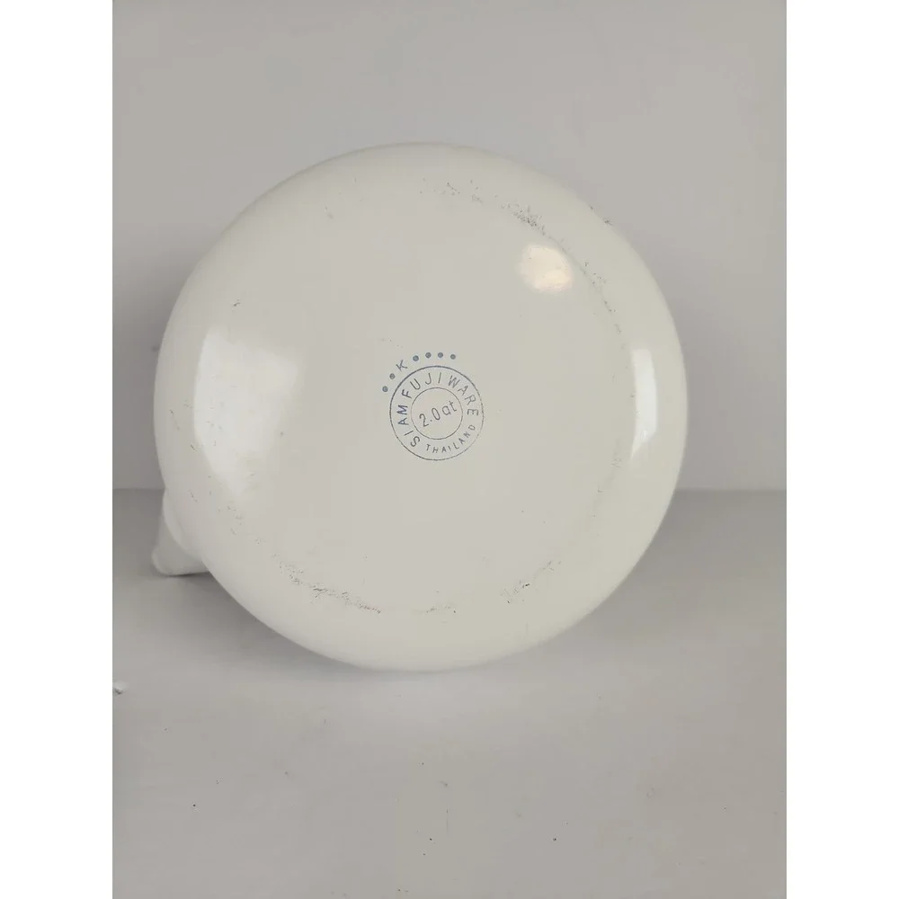 Vintage Siam Fuji Ware White Enamelware Tea Kettle 2 Qt Thailand Blue Interior